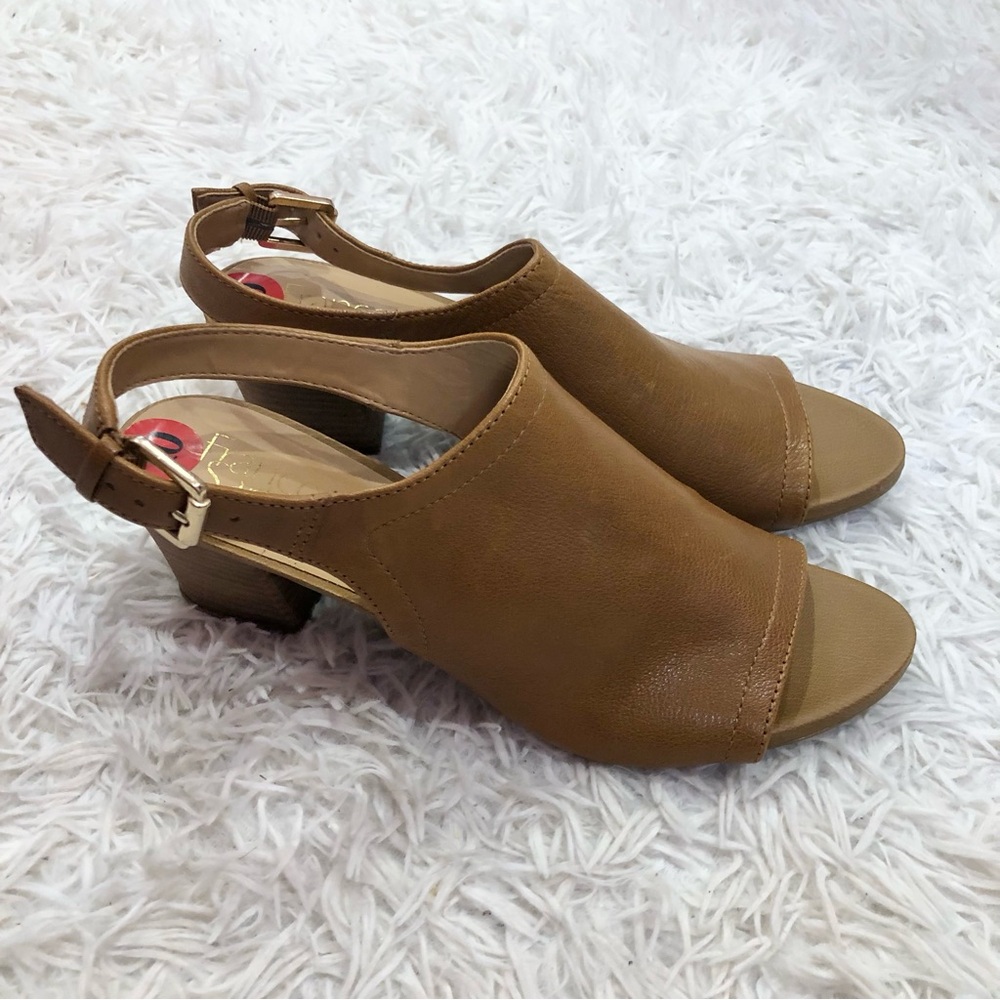 Franco Sarto Mandi Leather Slingback Peeptoe chunky block heel brown size 10
